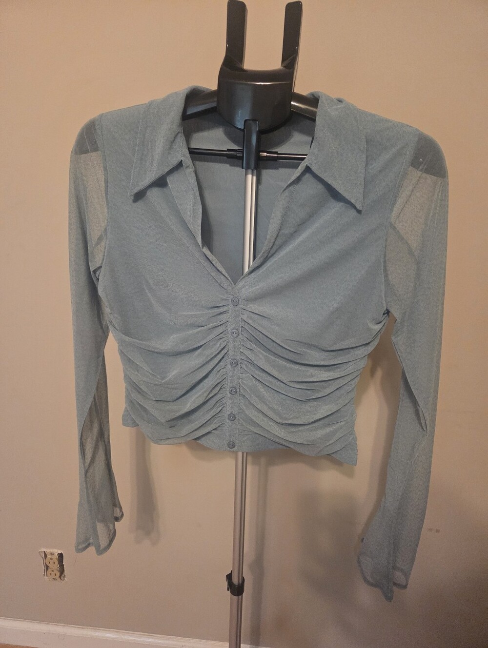 Willow-Root Ruched SEA GREEN  Button-Front V Neck Long Sleeve Shirt Womens Large
